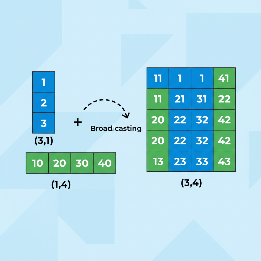 NumPy broadcasting visualization: showing how shapes (3,1) and (1,4) broadcast to (3,4)