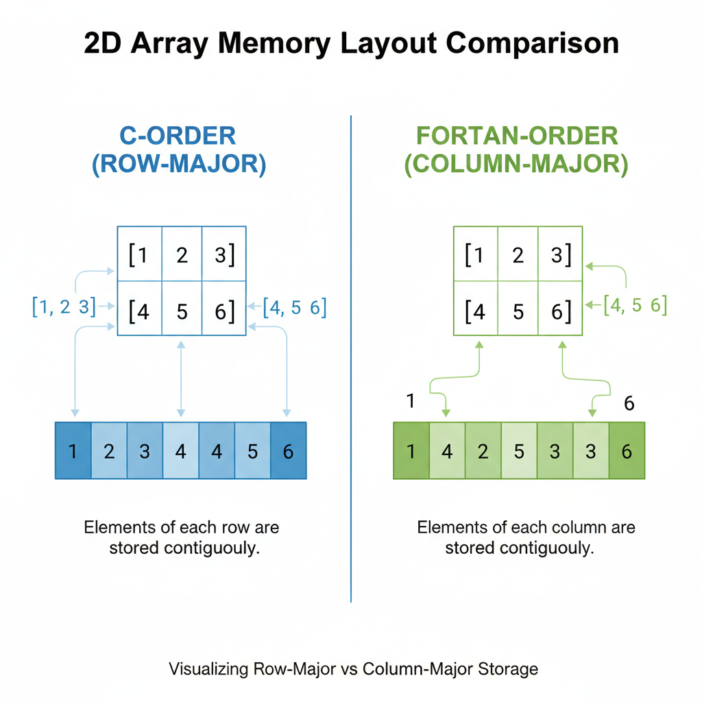 C-order vs Fortran-order memory layout: showing how a 2D array is stored in row-major vs column-major order