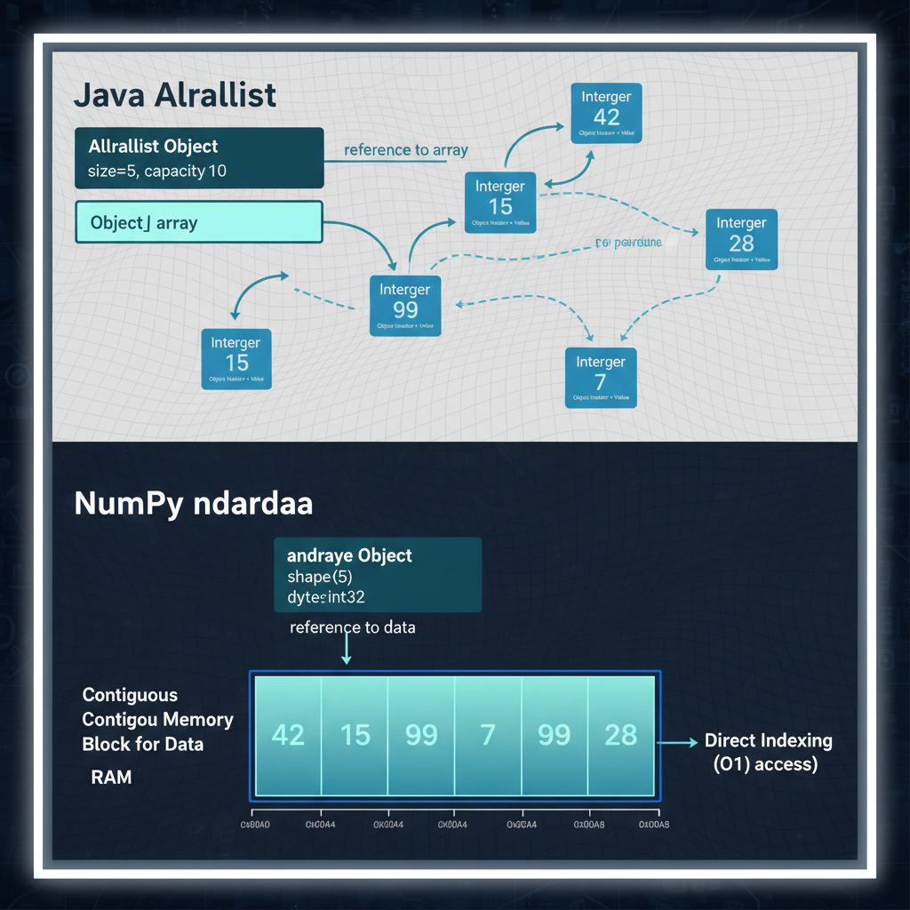 Memory layout comparison: Java ArrayList with scattered Integer objects and pointer chains vs NumPy ndarray with contiguous memory block